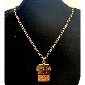 Gold Tone Robot Pendant Necklace with Rhinestone Heart Statement Chain